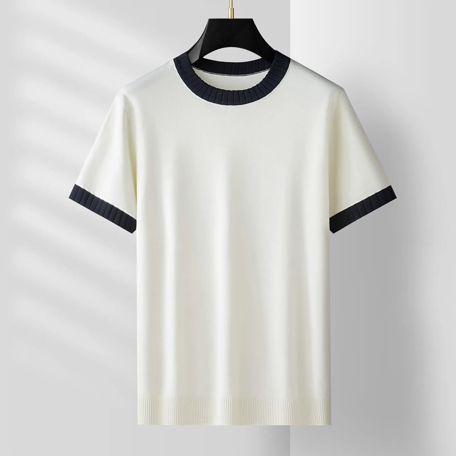 Aran Contrast-Rib Knit Tee — Beige (view 1)
